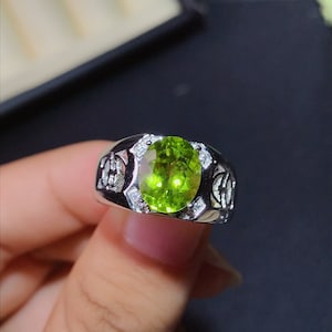 Natural Peridot Ring for Men, Solid 925 Sterling Silver, Peridot Gemstone Ring, Statement Silver Ring, Personalized Gift for Him Signet ring