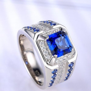 Blue Sapphire Men Ring 925 sterling silver/14k solid gold Engagement Rings For Men, Gentlemans Bands Wedding Ring Anniversary Gift For Him