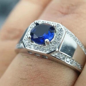Blue Sapphire Men Ring 925 sterling silver Engagement/ solid gold ring for men,  Wedding Ring Anniversary Gift For Him
