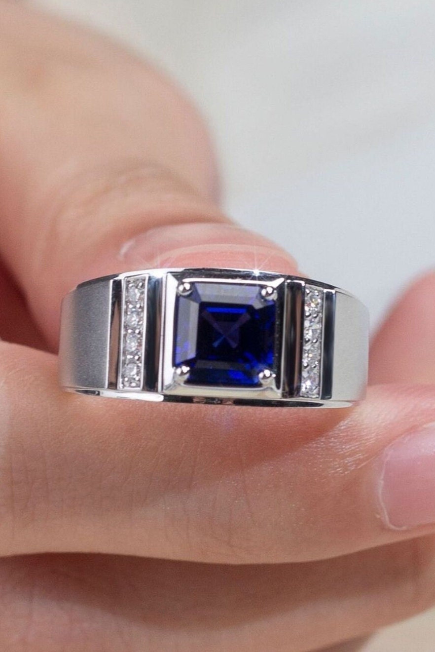 Blue Sapphire Men Ring 925 sterling silver / 9k,14k,18, solid gold ring for men, Gentlemans Bands Wedding Ring Anniversary Gift For Him