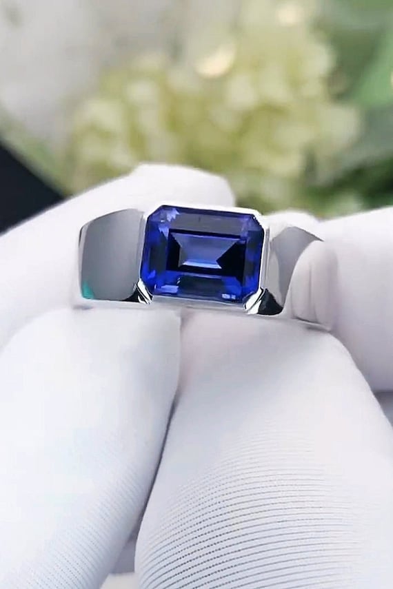Blue Sapphire Men Ring 925 Sterling Silver 9k,14k,18, Solid Gold