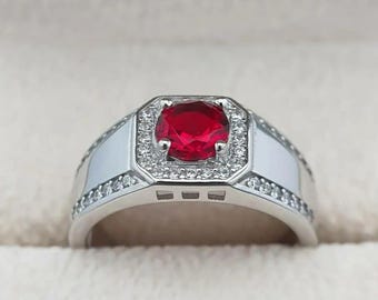 Ruby Ring For Men in 925 Sterling Silver, Mens Ring, Statement Ring, Solitaire Ring, Gift For Him