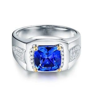 Blue Sapphire Men Ring 925 silver/ 14k solid gold ring Engagement Rings For Men Ring Gentlemans Bands Wedding Ring Anniversary Gift For Him