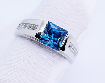 Natural blue topaz ring/ men ring/ 925 sterling siver ring/ blue topaz ring/gift for him./14k solid gold ring for men..