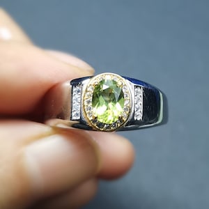 Natural Peridot Ring for Men, Solid 925 Sterling Silver, Peridot Gemstone Ring, Statement Silver Ring, Personalized Gift for Him Signet ring