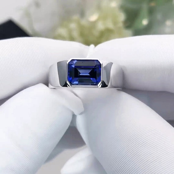 Blue Sapphire Men Ring 925 Sterling Silver 9k,14k,18, Solid Gold
