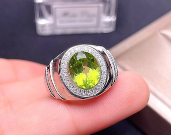 Natürlicher Peridot Ring für Männer, massives 925 Sterling Silber, Peridot Edelstein Ring, Statement Silberring, personalisiertes Geschenk für ihn Siegelring