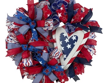 Patriotic Heart Wreath, 4th of July Door Decor, Red White Blue Wreath, American Flag Wreath, Memorial Day Wreath, Summer Decor