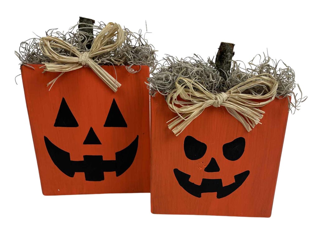 Rustic Jack O Lantern Shelf Sitters, Halloween Pumpkin Decor, Wooden ...