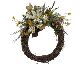 Sunflower Grapevine Wreath, Summer Front Door Wreath, Farmhouse Sunflower Decor, Yellow Floral Wreath with Bow, Rustic Door Decor