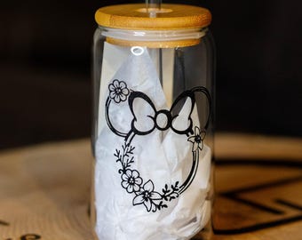 Minnie Mouse Iced Coffee Cup: 16oz Libby Glass with Bamboo Lid & Glass Straw