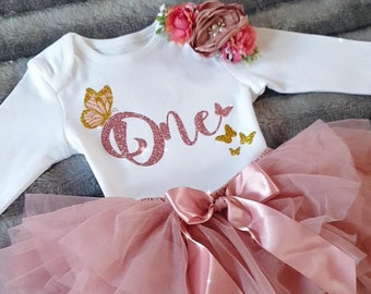 First birthday butterfly outfit/girl first birthday tutu skirt outfit/dusky pink tutu skirt/butterfly birthday outfit/