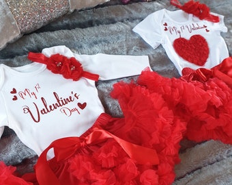 Elegant Baby first valentines day outfit,my 1st valentine,photo shoot outfit,love keepsake tutu skirt set,red or rose gold valentines set