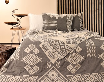 Turkish Cotton Handwoven Bed Cover | Reversible Boho Blanket | Lightweight Eco-Friendly Bedspread, Sofa Throw