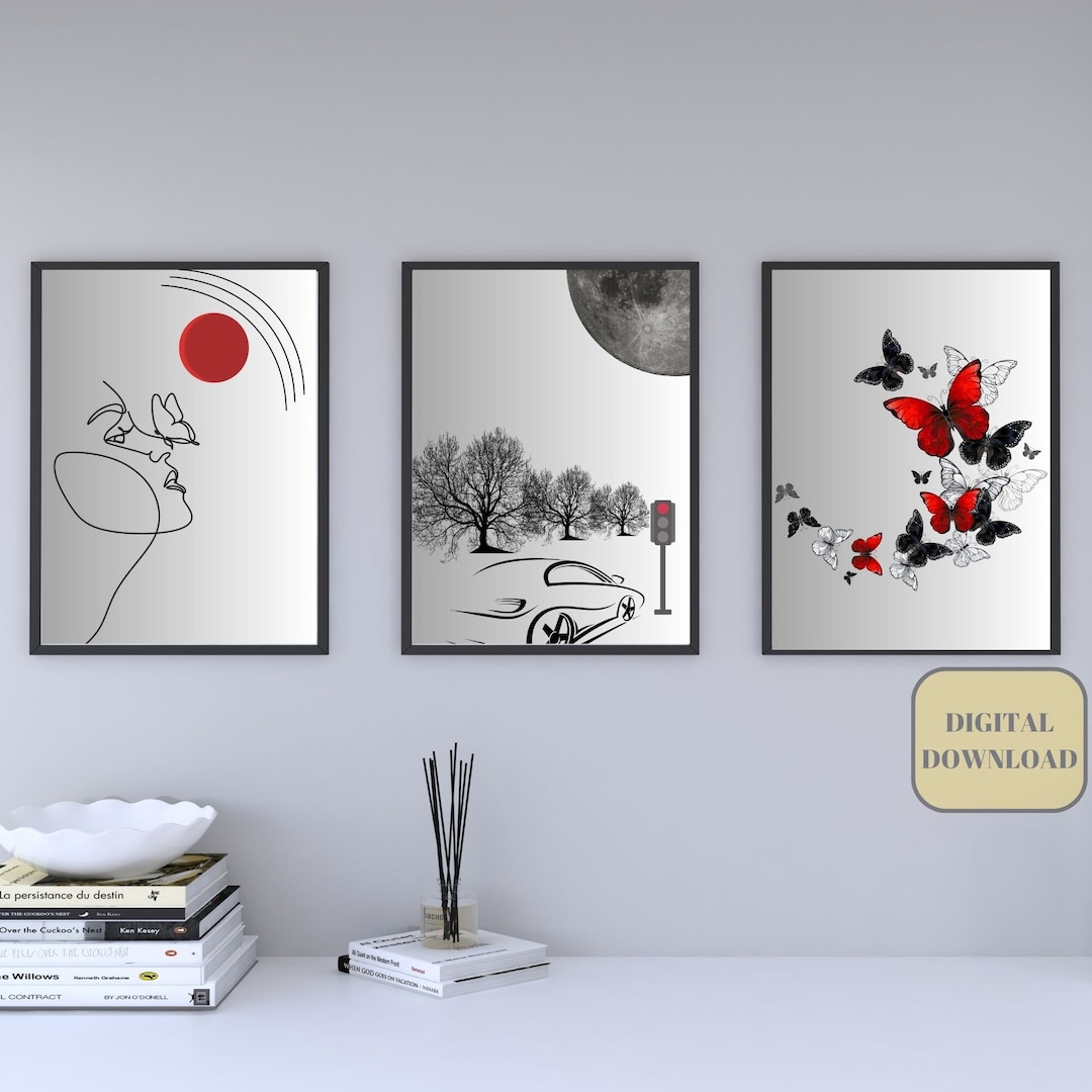 BLACK and RED LINE Drawing Wall Art Black and White Art One Line ...