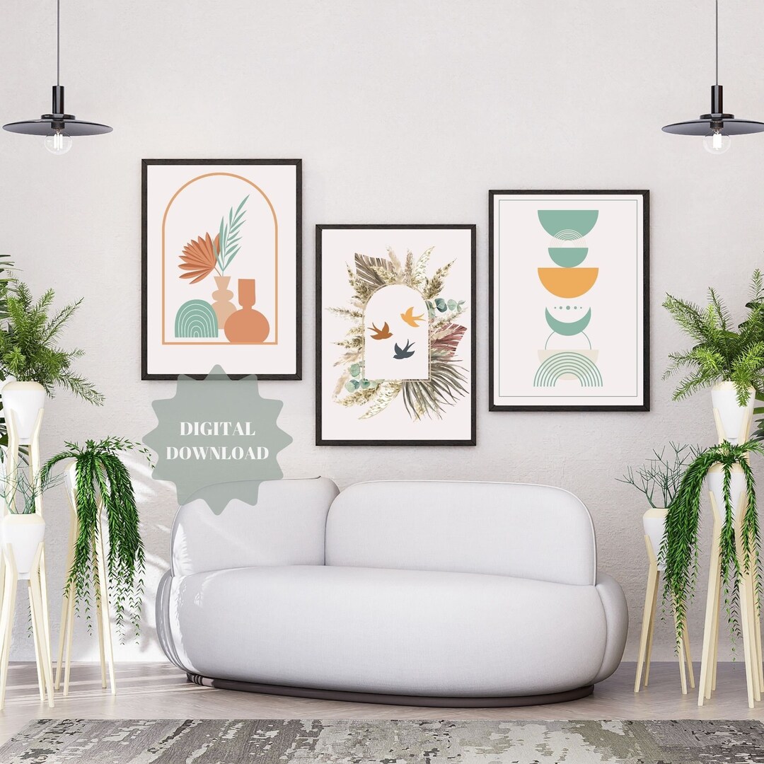 Set of 3 MID CENTURY ART Boho Botanical Wall Print Decor Minimalist ...