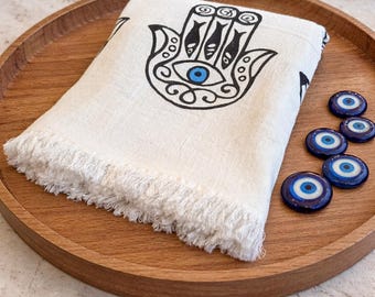 Turkish Cotton Peshtemal with Hamsa Hand Evil Eye Soft Fringed Beach & Bath Towel