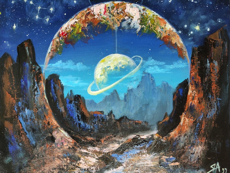 Space Original Oil Painting Parade of Teen Room Wall Decor Star