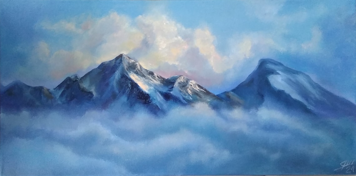 Mountains In The Clouds Oil Painting Canvas Motivating Etsy