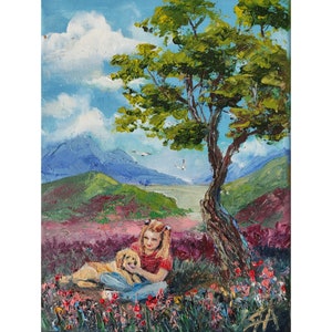 Mädchen mit Hund, kleines Original Ölgemälde - Geschenk von Haustier-Liebhaber, Miniatur Kunst, niedliche Tier Malerei, Wand-Dekor, Geschenk im Postkarten-Stil für Mädchen
