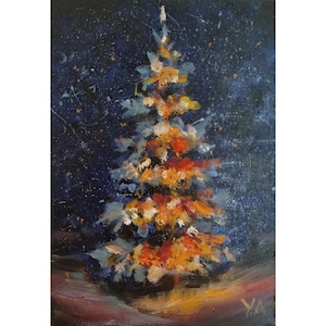 Piccolo dipinto a olio originale su tela, idea regalo per albero di Natale, mini arte murale, capodanno, belle arti, decorazione per biglietti di Natale fatti a mano