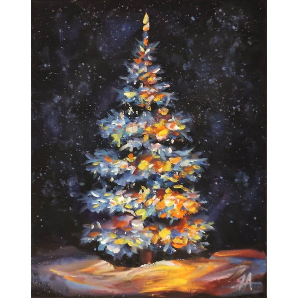 Christmas tree Original Oil Painting on canvas Christmas gift New Year Wall decoration fine art painting christmas card Ölgemälde