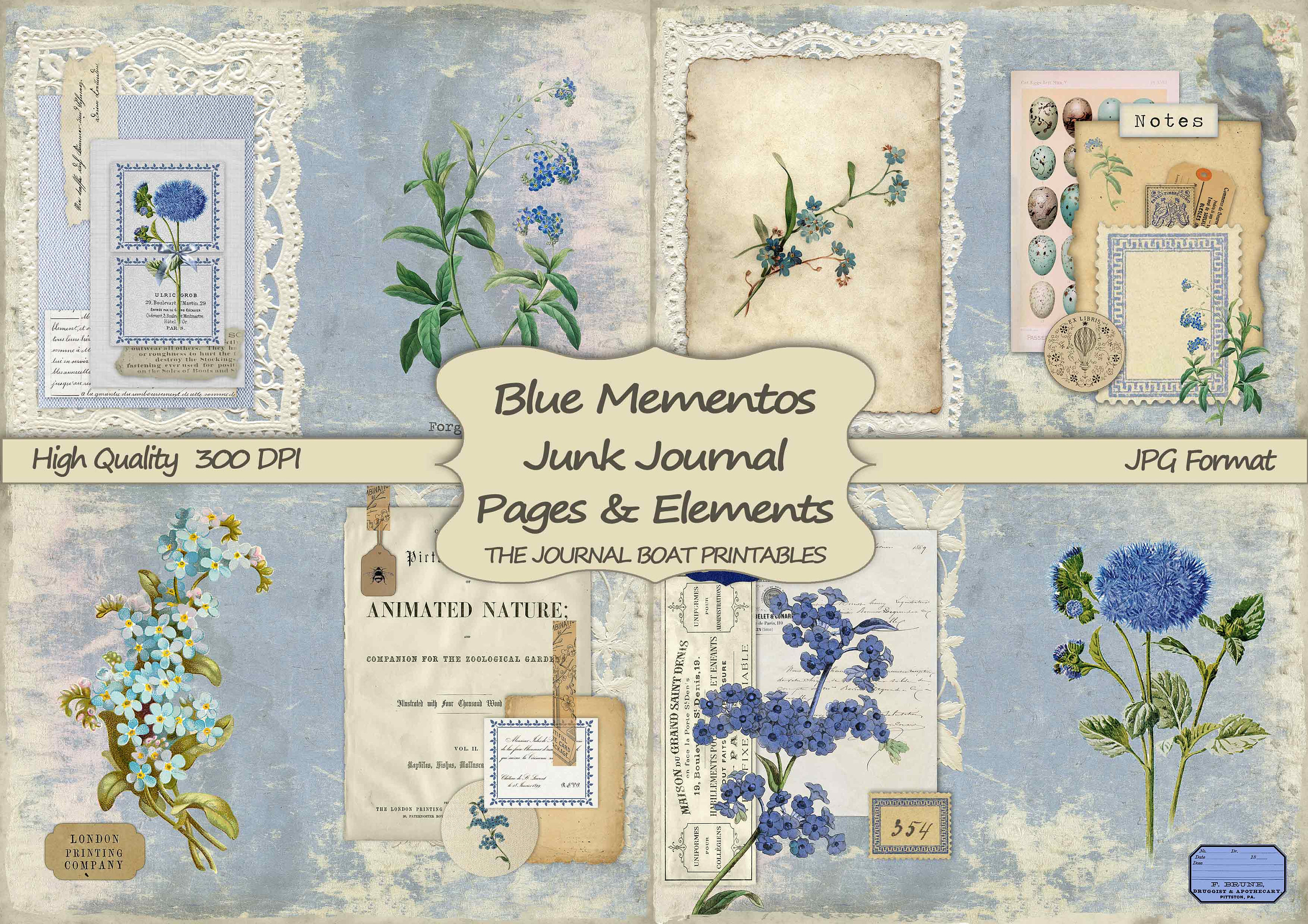 Junk Journal Digital Kit, Blue Mementos, vintage ephemera kit, collag…
