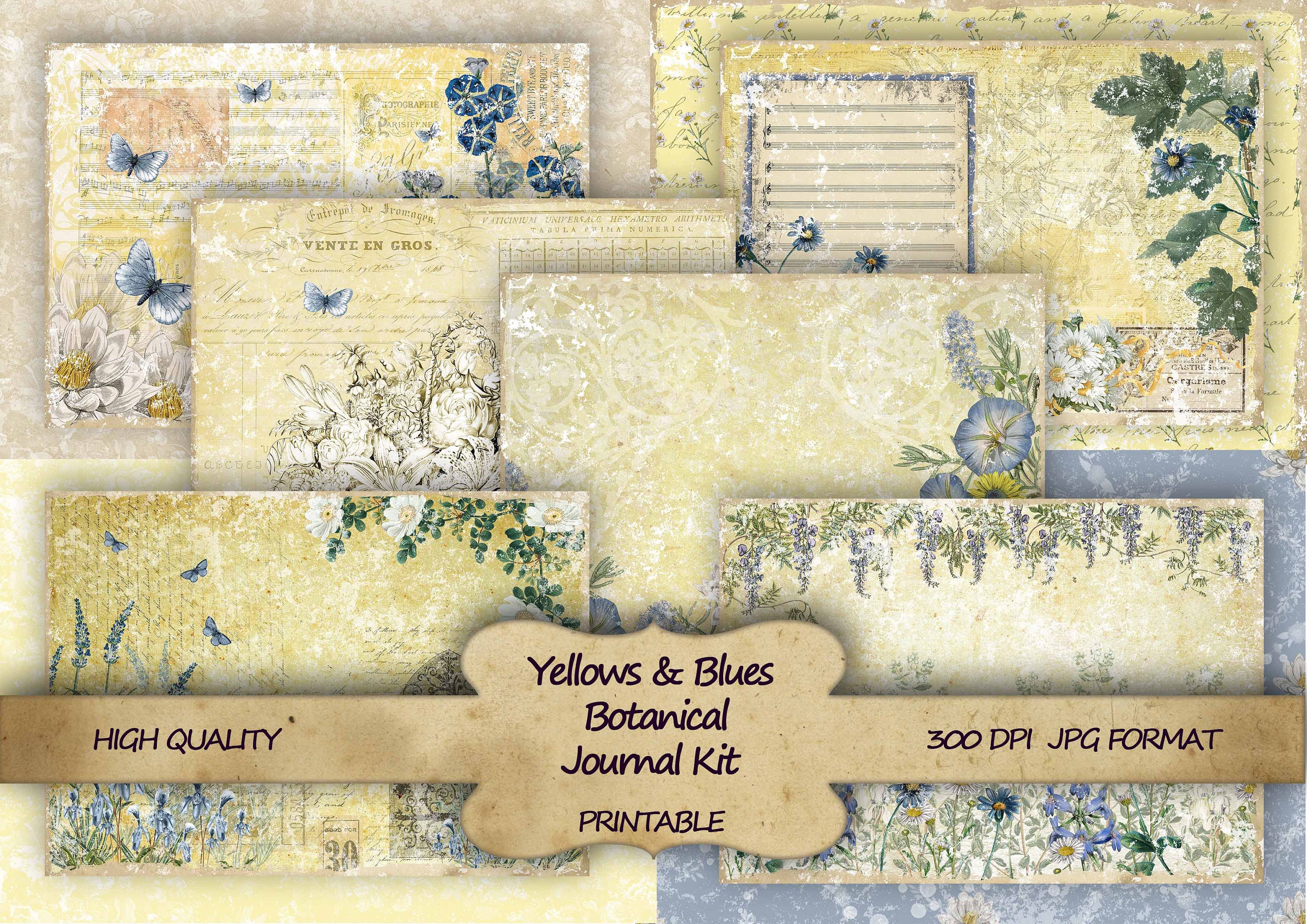 Junk Journal Kit Yellow and Blue Botanical Printable Paper Shabby Chi…