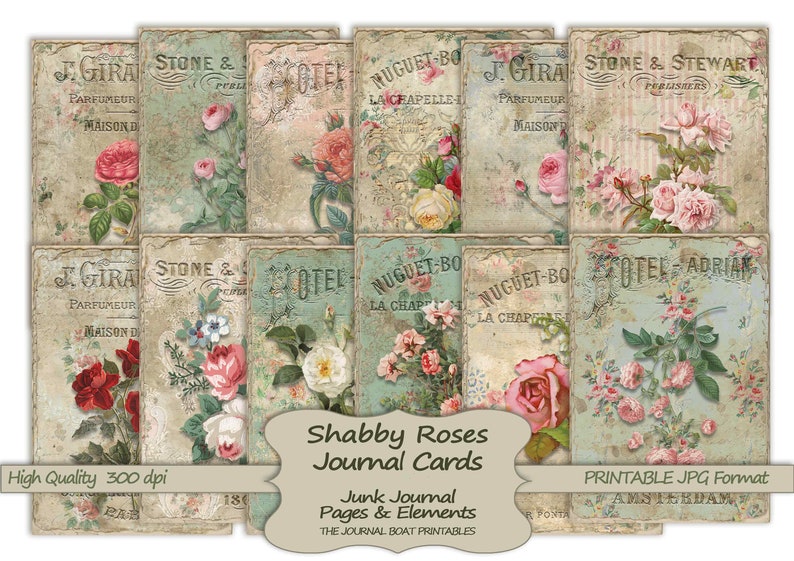 Shabby Roses Journal Cards, ATC, Printable, Digital Download, Collage Sheet, Flowers, Junk Journal Ephemera, Embellishments 
