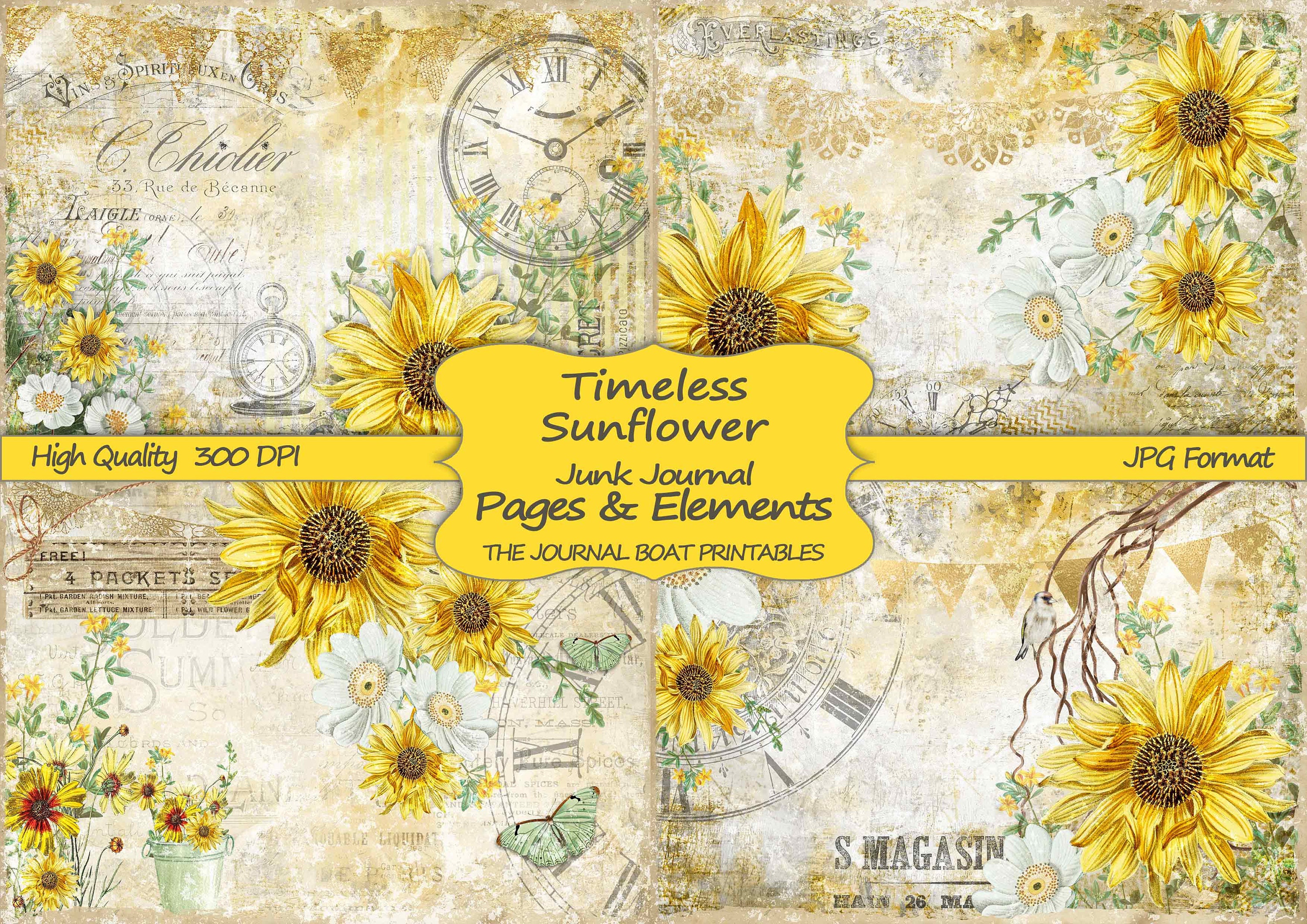 Junk Journal Kit, Timeless Sunflower, Vintage Ephemera, Collage Sheet…