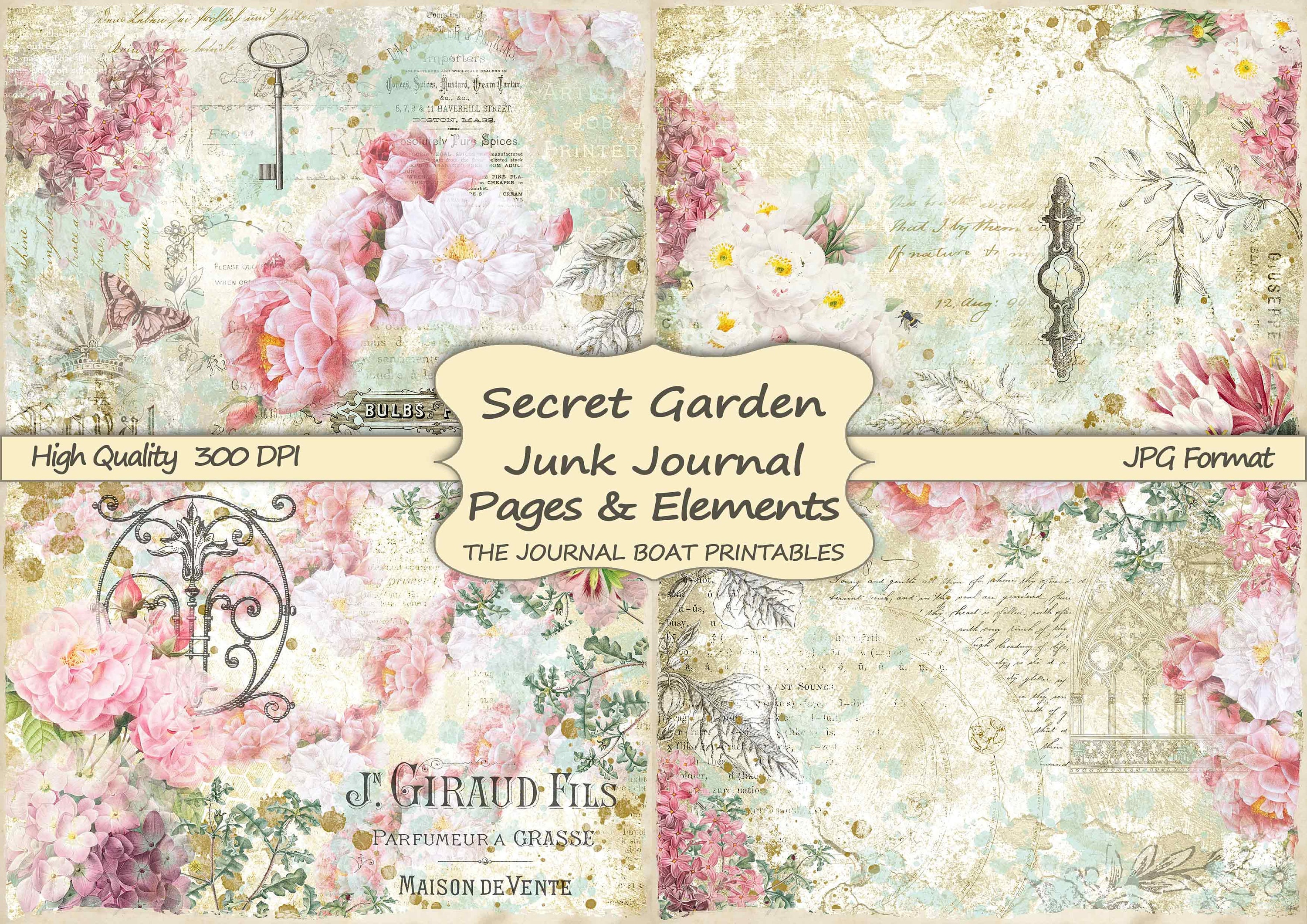 Junk Journal Kit, Secret Garden, Pink, Vintage Ephemera, Collage Shee…