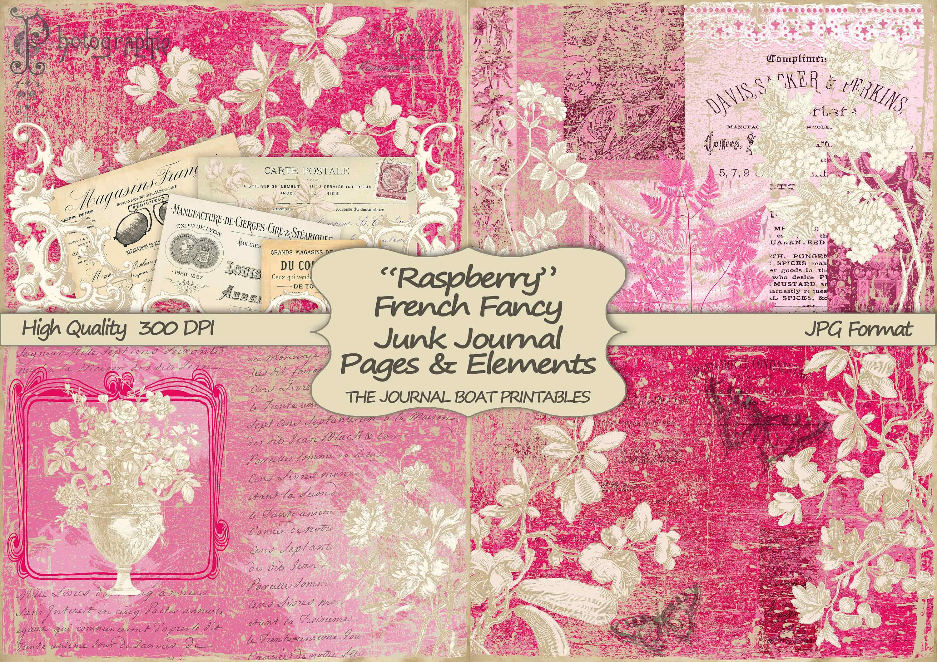 Printable Junk Journal Kit, Raspberry French Fancy, Ephemera, Journal…
