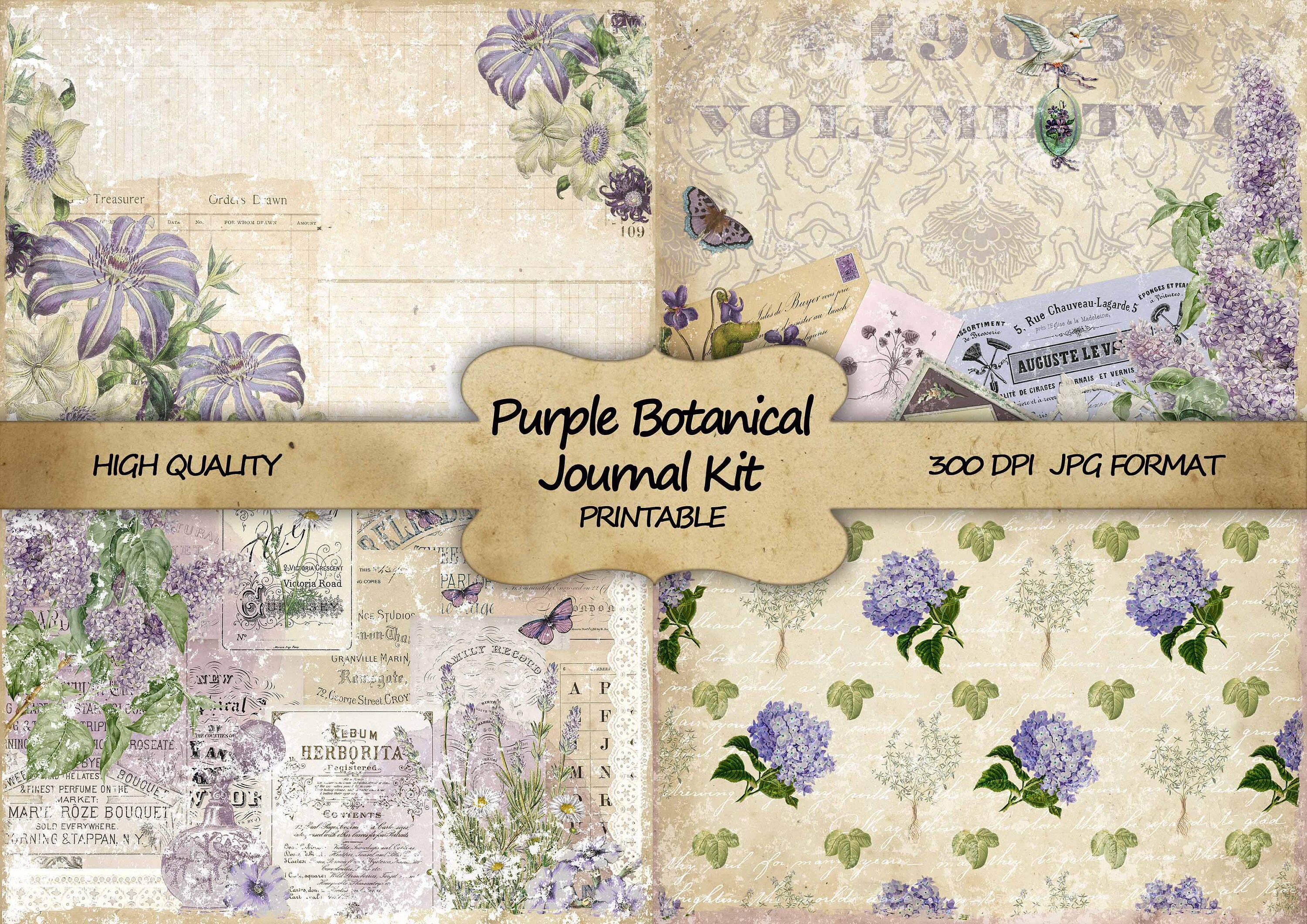 Junk Journal Kit Purple Botanical Printable Paper Shabby Chic Journal…