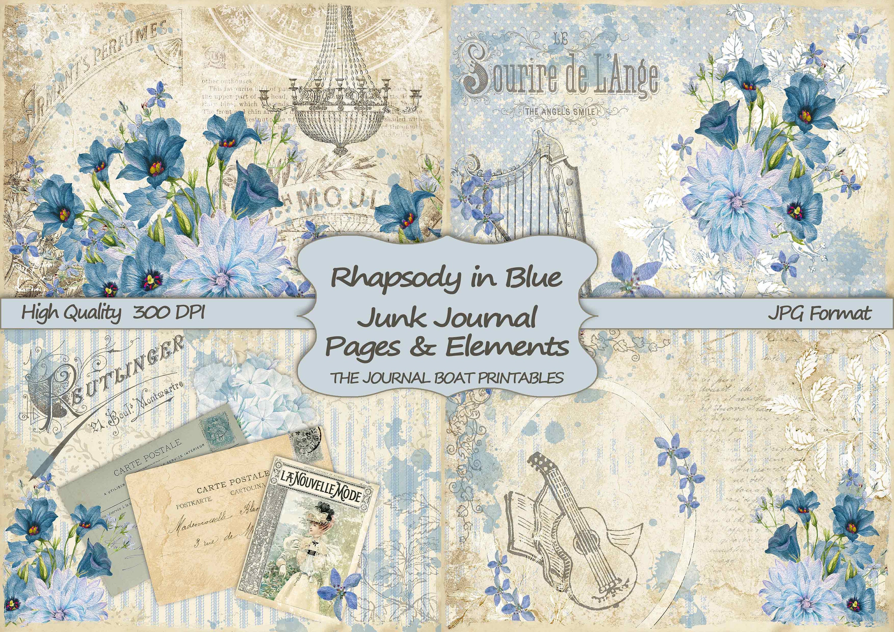 Junk Journal Kit, Rhapsody in Blue, Vintage Ephemera, Collage Sheets,…