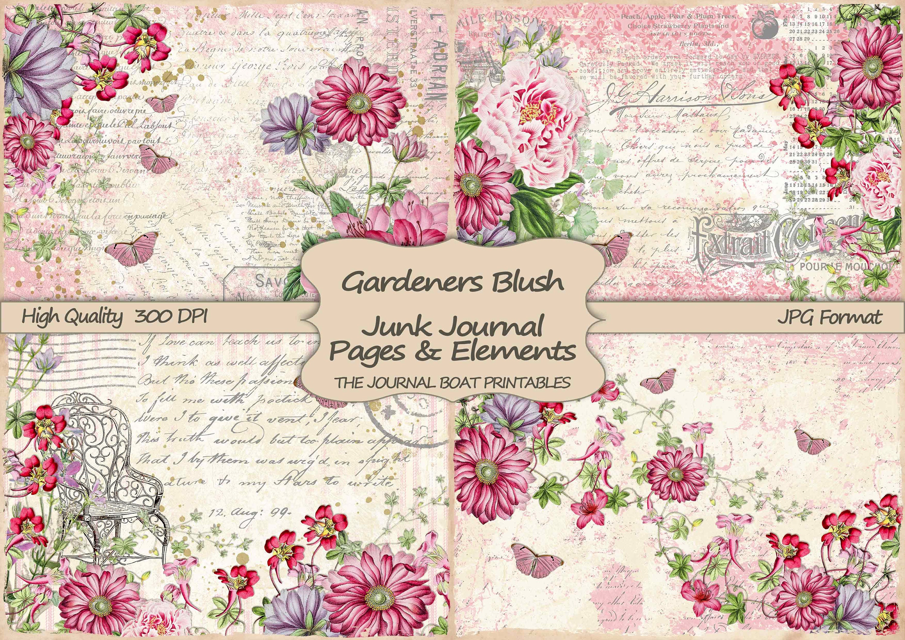 Junk Journal Kit, Gardeners Blush, pink, Vintage Ephemera, Collage Sh…