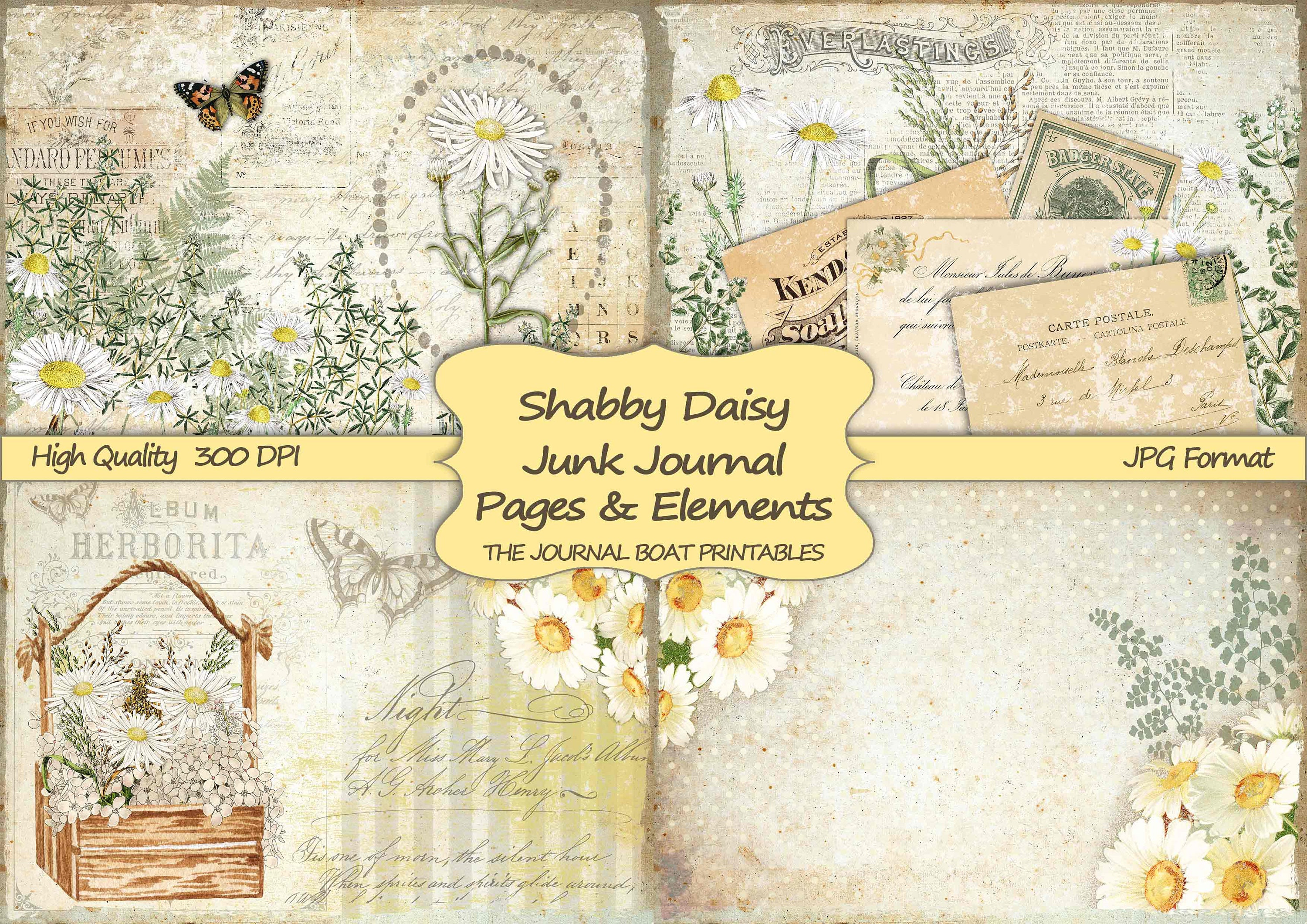 junk journal kit, shabby daisy, vintage ephemera, yellow, collage she…
