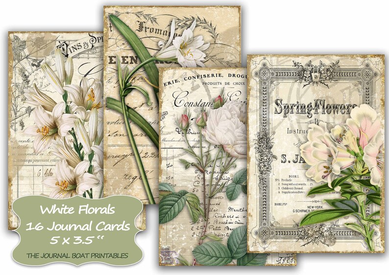 White Floral Journal Cards, ATC, Printable, Digital Download, Collage Sheet, Flowers, Junk Journal Ephemera, Embellishments 