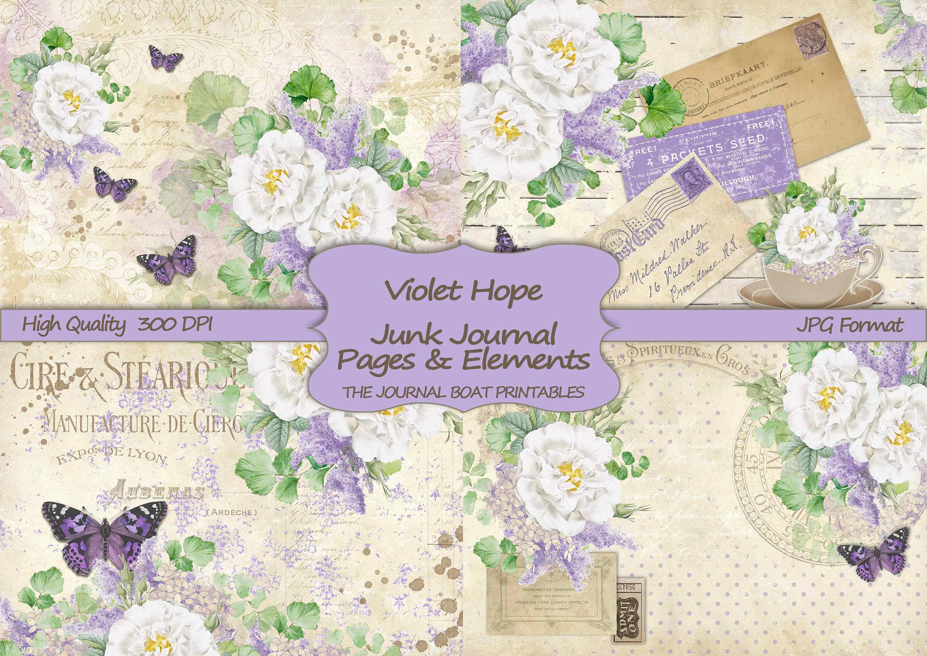 Junk Journal Kit, Violet Hope, Purple, Vintage Ephemera, Collage Shee…
