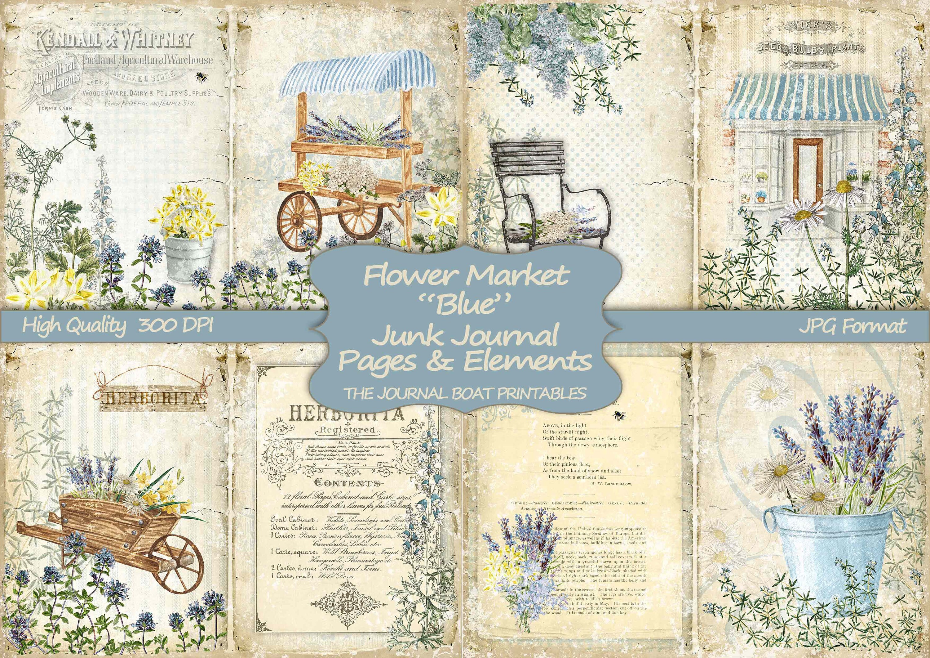 Junk Journal Kit, Flower Market Blue, Vintage Ephemera, Collage Sheet…