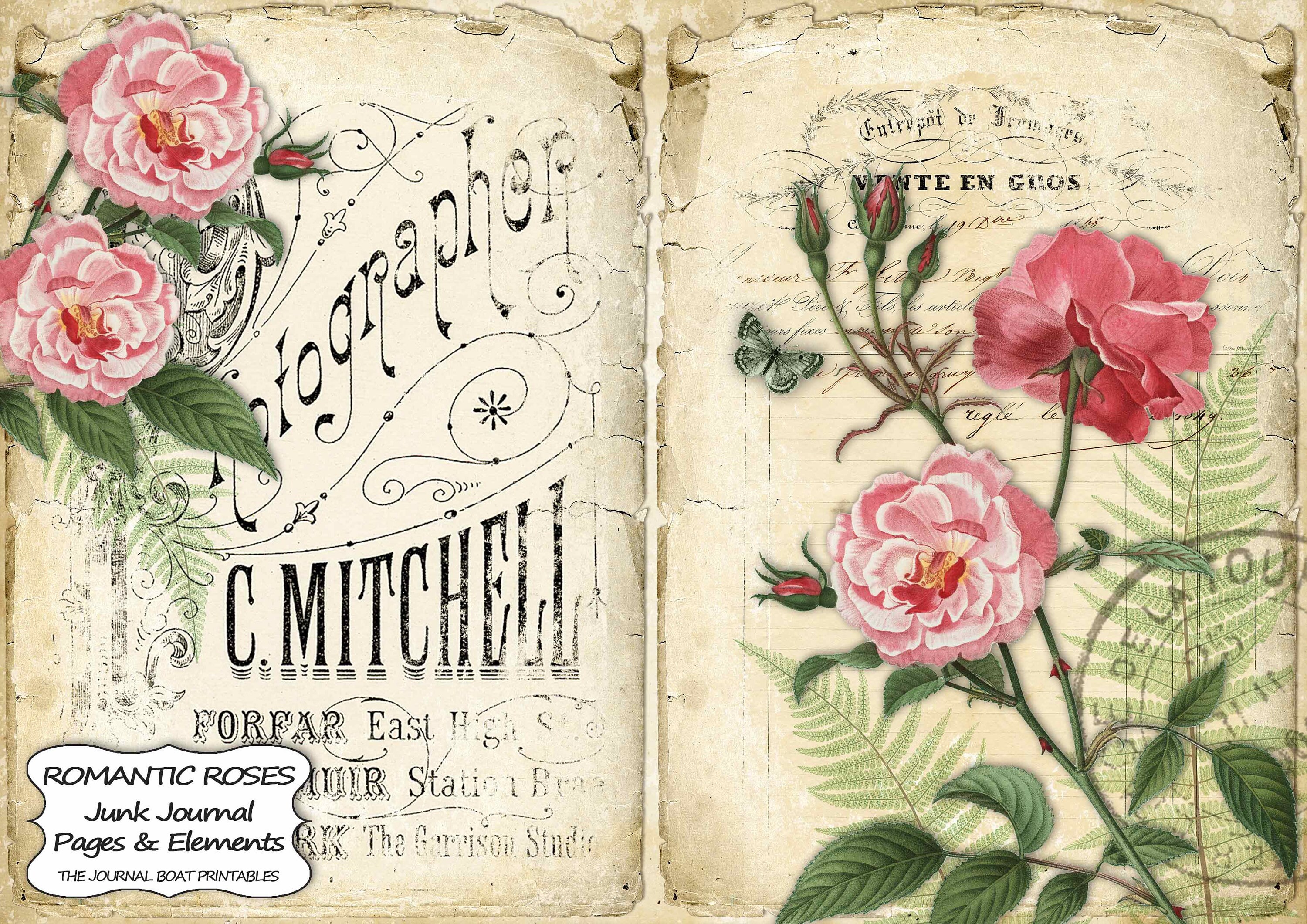 Junk Journal Kit, Romantic Roses, Pink roses, Red roses, Shabby Chic,…