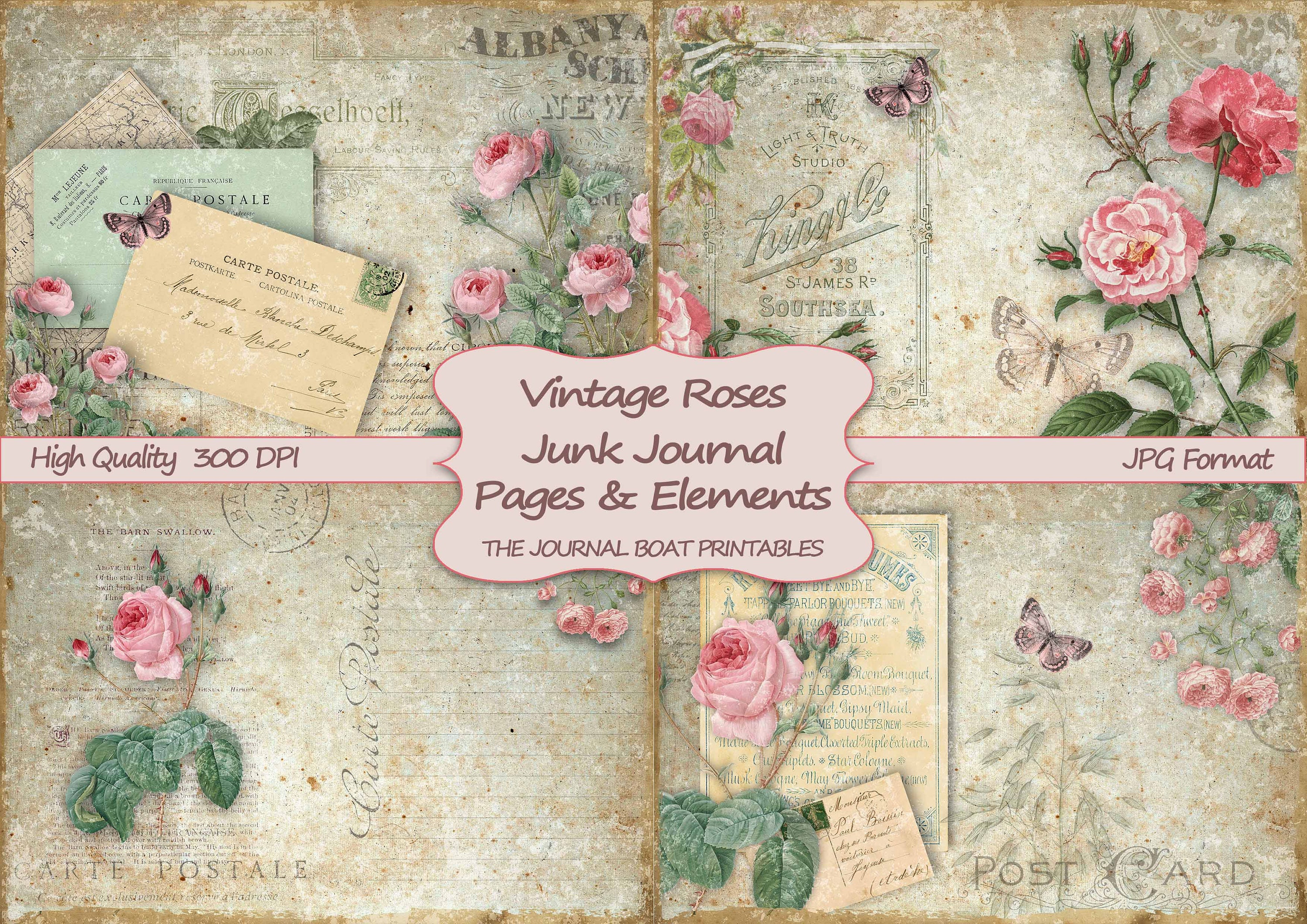 Junk Journal Kit, Vintage Roses, Printable Paper, Shabby Chic, Journa…