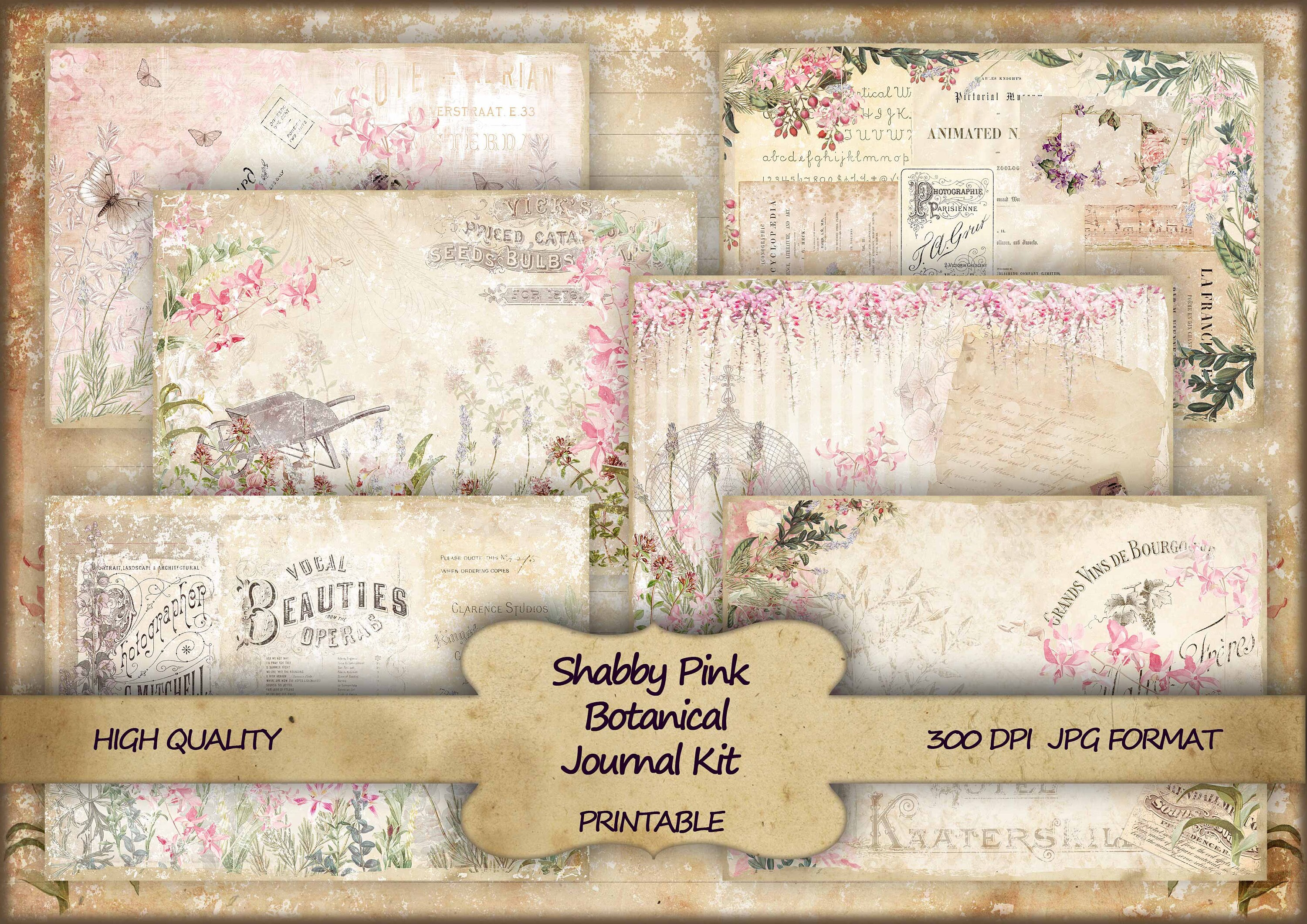 Junk Journal Kit Shabby Pink Botanical Printable Paper Shabby Chic Jo…