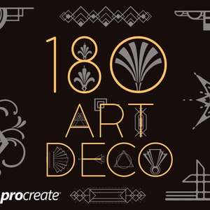 Może przedstawiać: Czarne tło z elementami designu Art Deco w kolorze złotym i szarym. Tekst "180 ART DECO" jest w kolorze złotym, z dekoracyjnymi ozdobami. Logo Procreate znajduje się w lewym dolnym rogu.