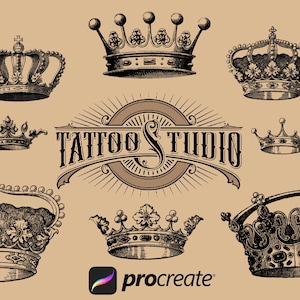 50 Procreate crown stamps, Vintage Crown tattoo stamps, Procreate crown brushes, tattoo stamps for procreate, tattoo brushes