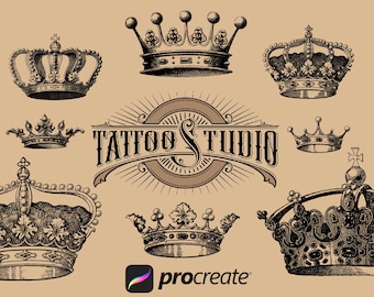 50 Procreate crown stamps, Vintage Crown tattoo stamps, Procreate crown brushes, tattoo stamps for procreate, tattoo brushes