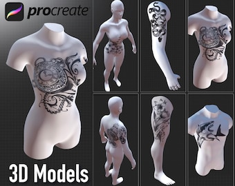 12 Procreate 3D object models, 3D woman model, 3D man model, 3D arm model, 3D leg model, 3D torso, procreate 3D human body, model tattoo
