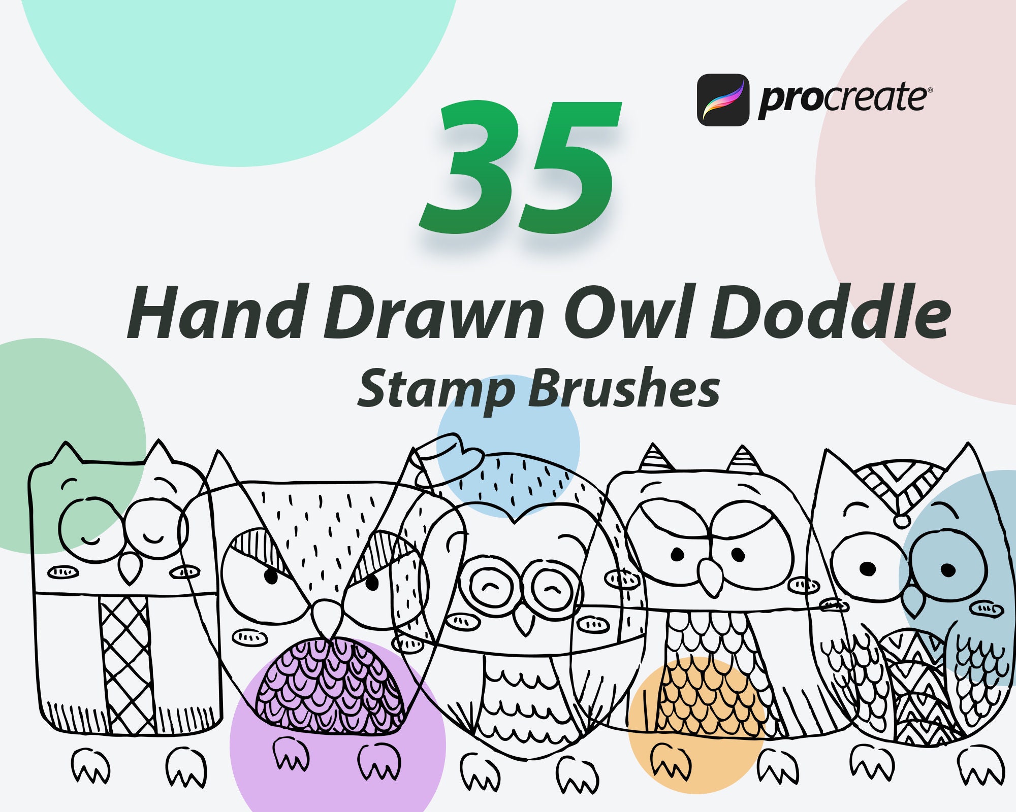 Owl Doodle Stamps for Procreate, Abstract Brushset (Digital Download)