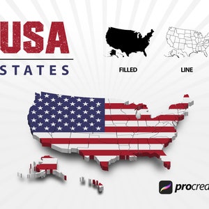 May include: A 3D rendering of the United States map with the American flag design. The image includes the text "USA STATES" and two additional map styles: "FILLED" and "LINE". The Procreate logo is also visible.