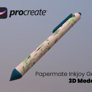 May include: A 3D model of a Papermate Inkjoy Gel pen. The pen features a light pink barrel adorned with green leaf and stem patterns. The tip and clip are teal. The Procreate logo is in the upper left corner.