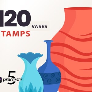 May include: 120 vase stamps for Procreate. The image shows three vases: a red vase with wavy lines, a blue vase with a swirl pattern, and a light blue vase with a leaf pattern.